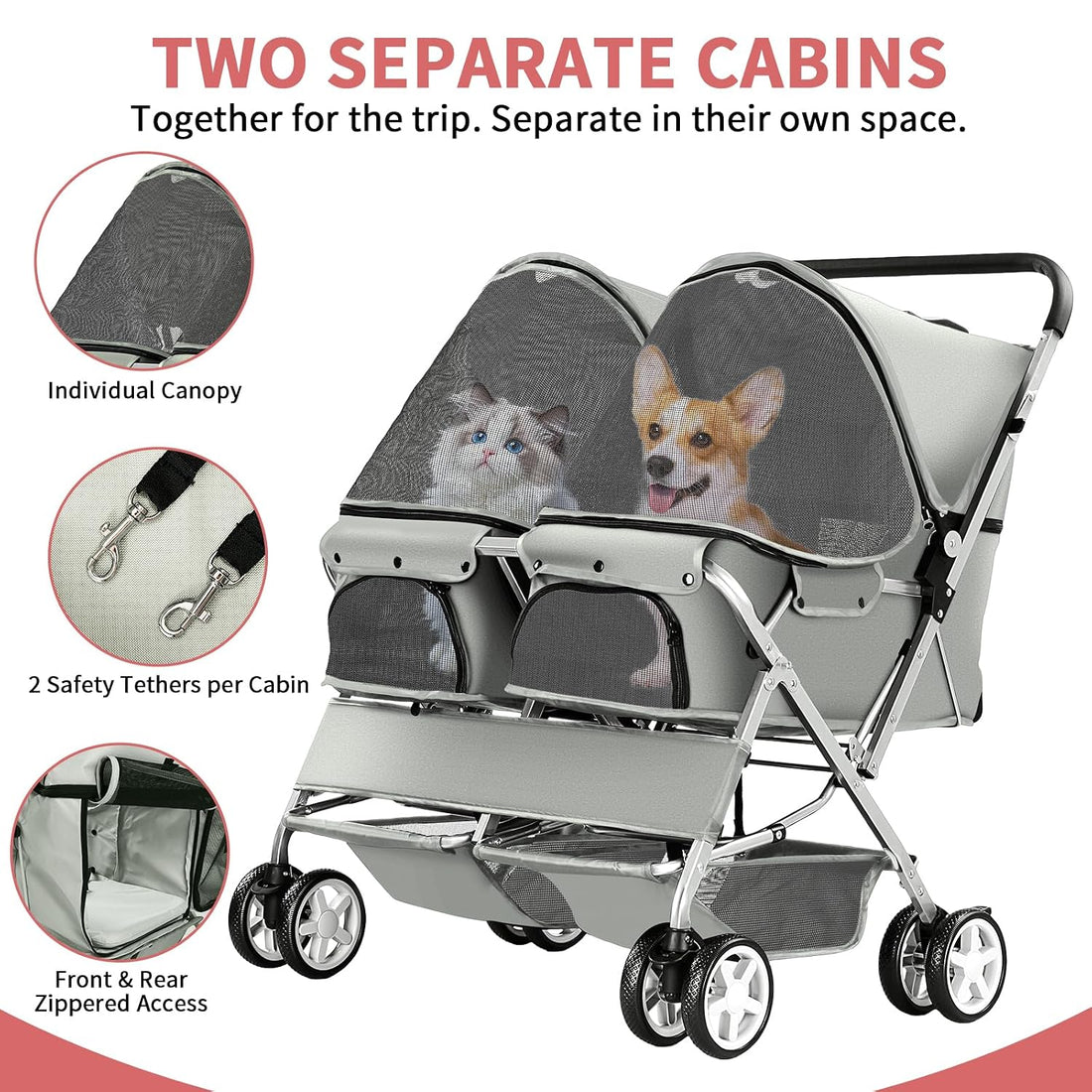 Double Pet Stroller for 2 Dogs & Cats, Side-by-Side