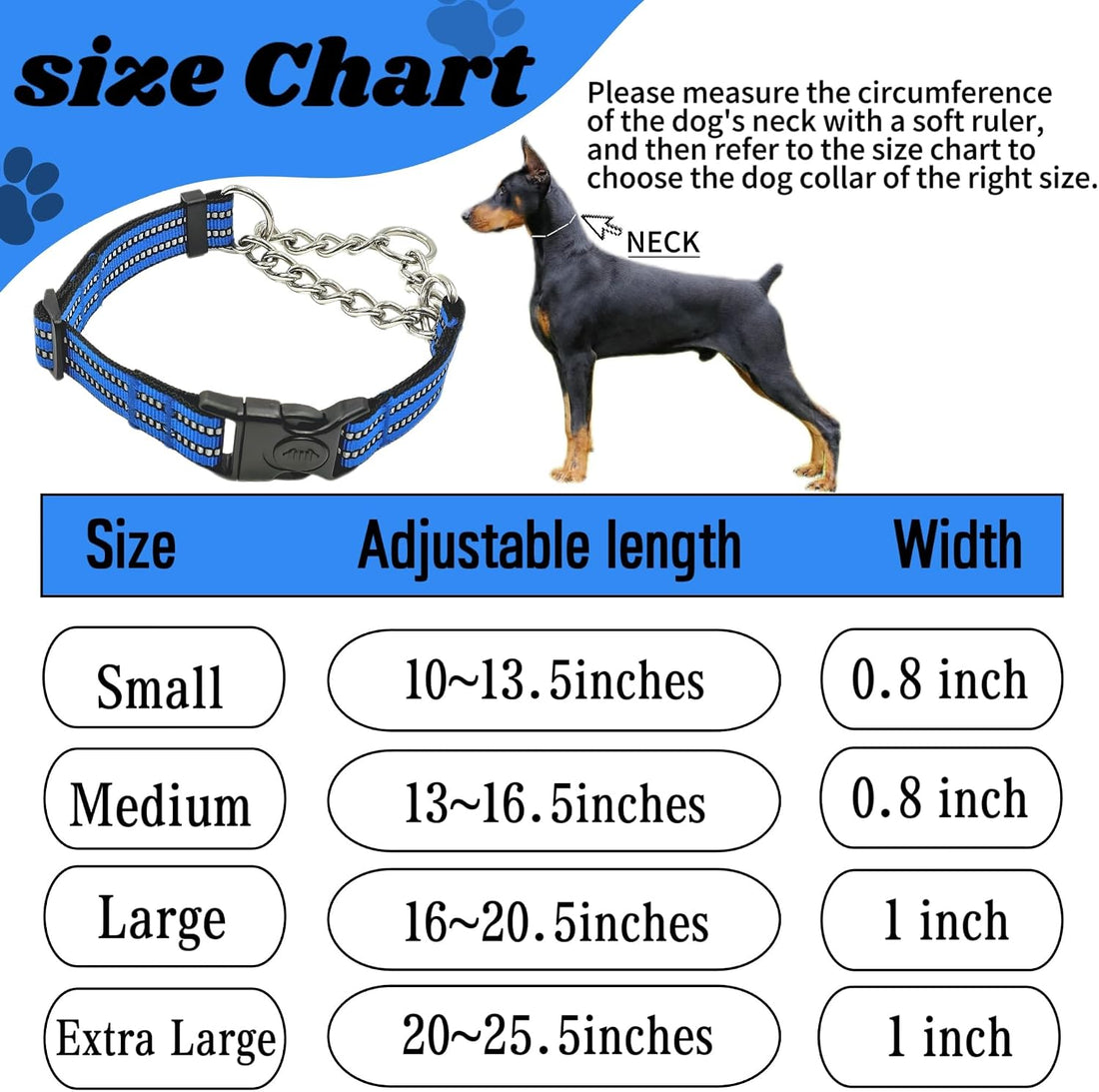 Chain Martingale Dog Collar, No Pull Reflective Training Collar, Blue