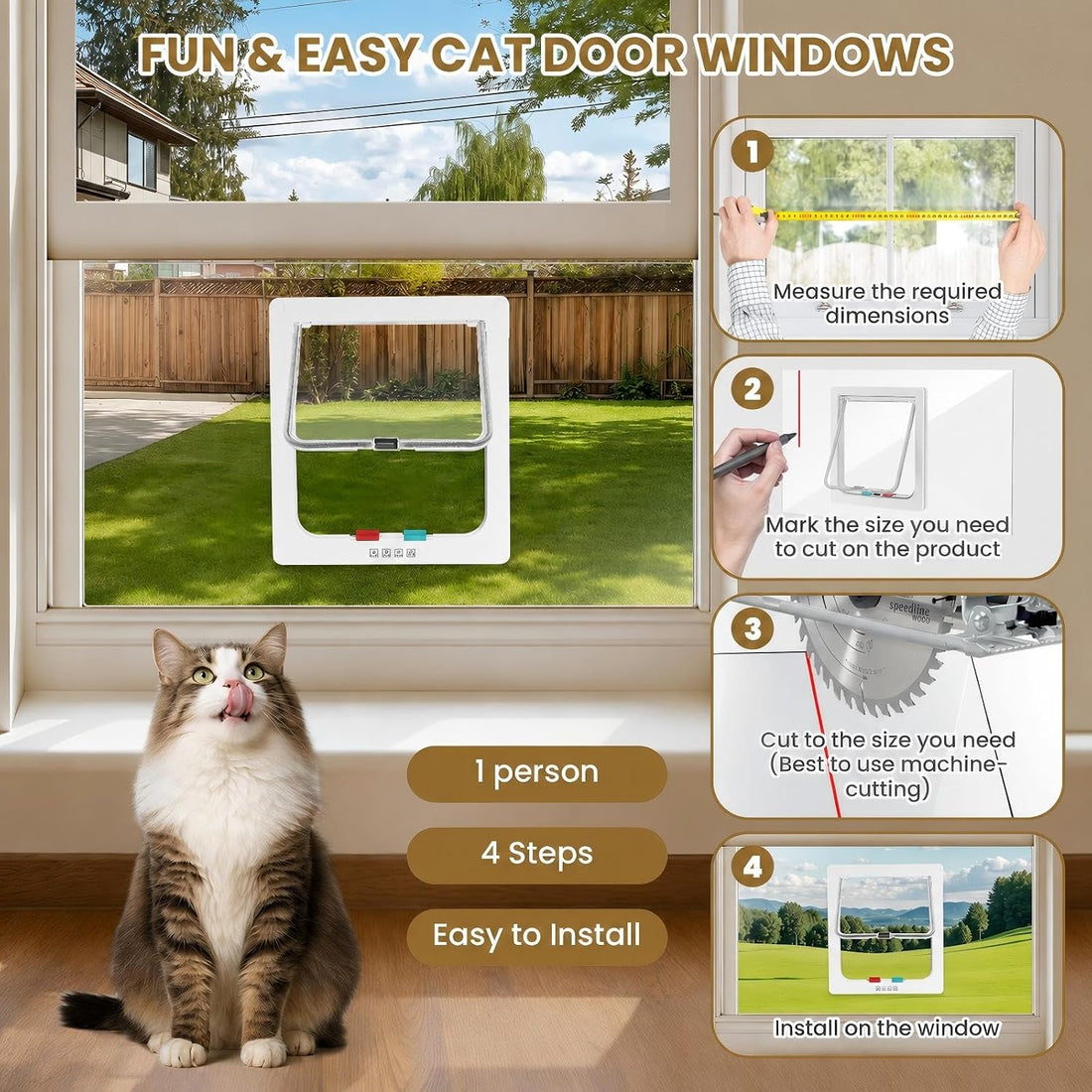 Cat Door for Window Insert, Fits 14-24 Inch, Clear Plexiglass