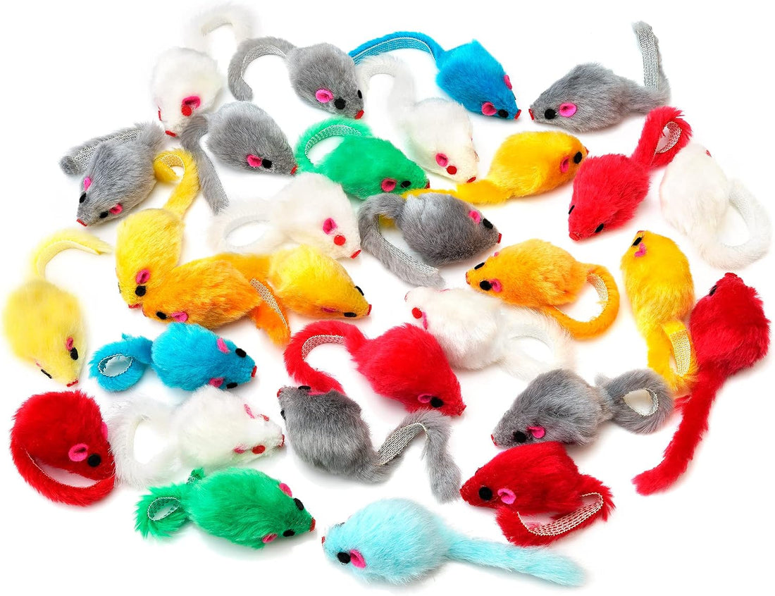 CHIWAVA 36PCS 4.1'' Furry Cat Toy Mice Rattle Small Mouse Kitten
