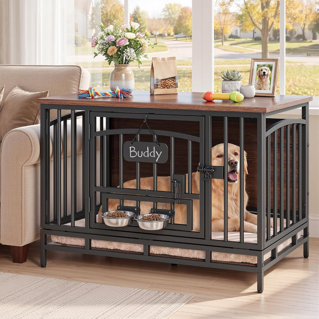 YITAHOME 41.3" Foldable Dog Crate Furniture with 360° Swivel Feeding