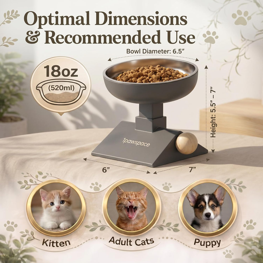 Adjustable Elevated Cat Bowl, 304 Stainless Steel Bowl, 18oz