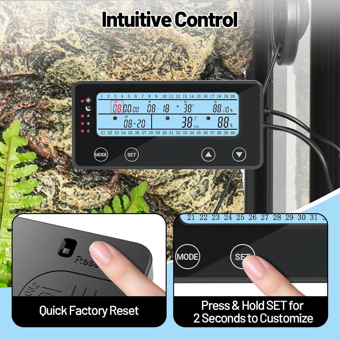 3-Channel Reptile Thermostat & Hygrostat with 40 Preset Modes