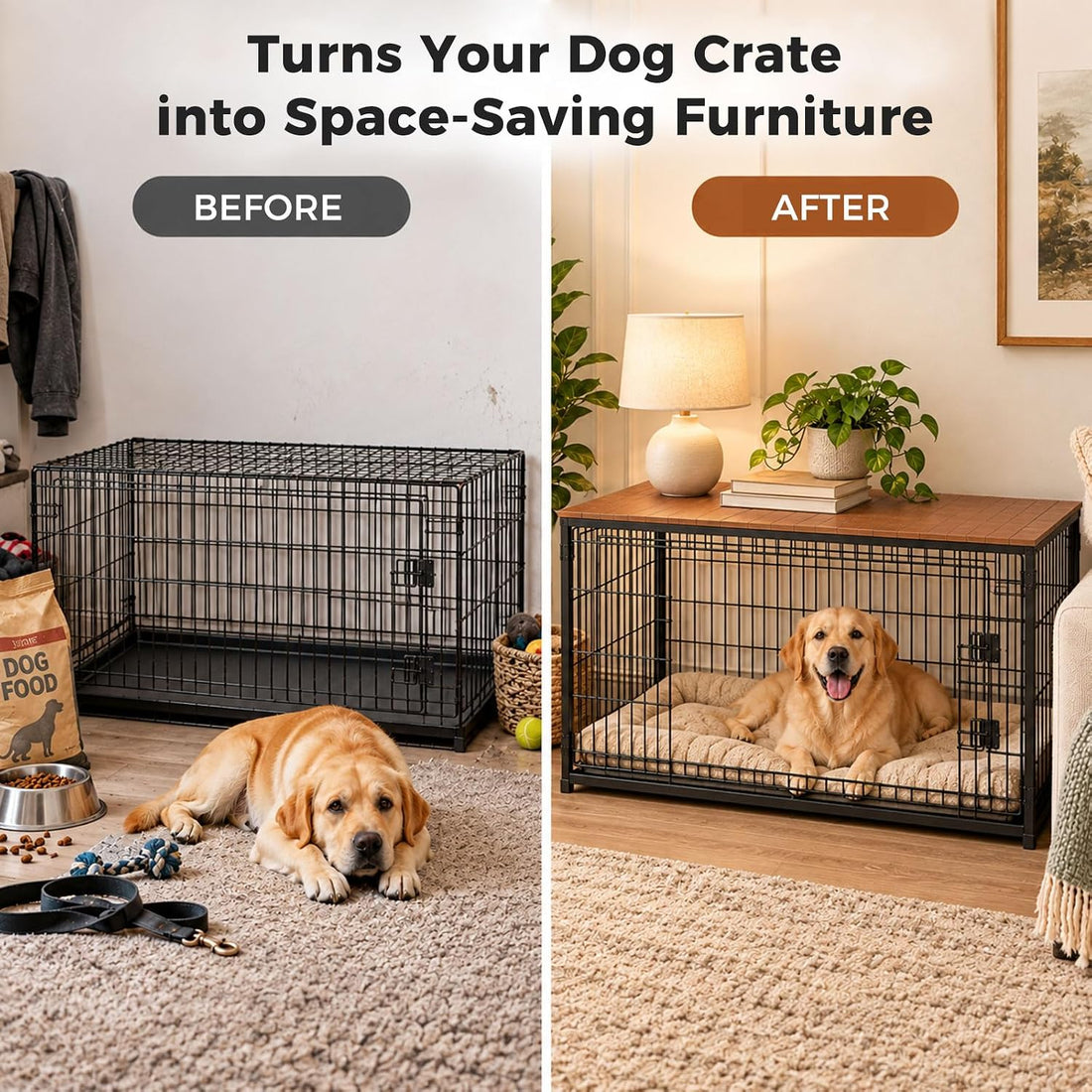 Bamboo Dog Crate Topper 42 Inch, Non-Slip Wooden Crate Table Top Shell