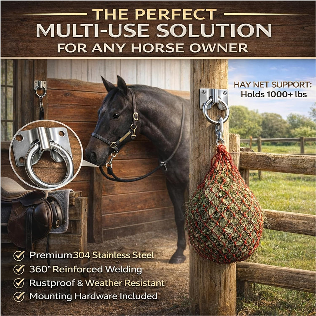 4pcs Horse Tie Rings with Snap Hooks and Screws for Barn Stall Trailer