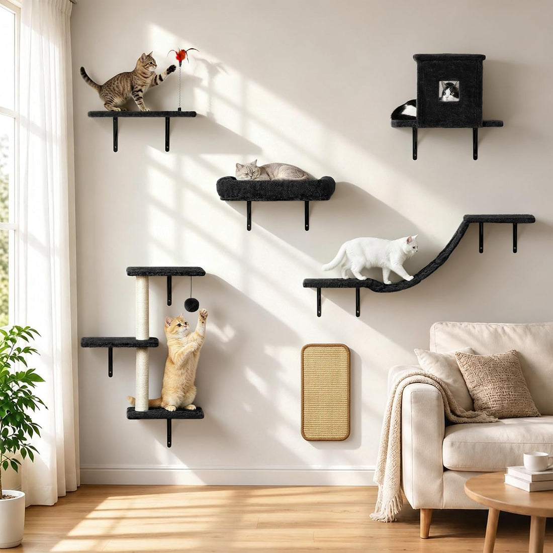 Cat Wall Shelves, 6-in-1 Cat Wall Furniture Set