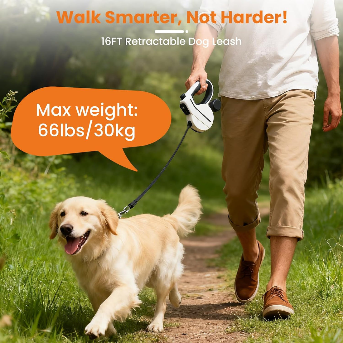 Retractable Dog Leash with USB Rechargeable Light, Reflective, Black