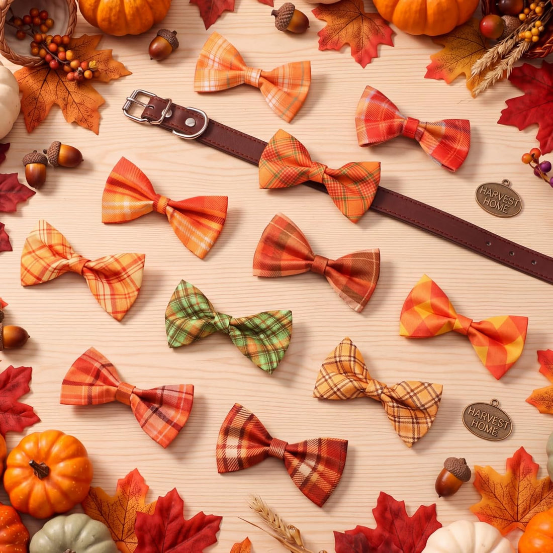 Silkfly 60 Pcs Fall Thanksgiving Plaid Dog Collar Bow Ties Bulk
