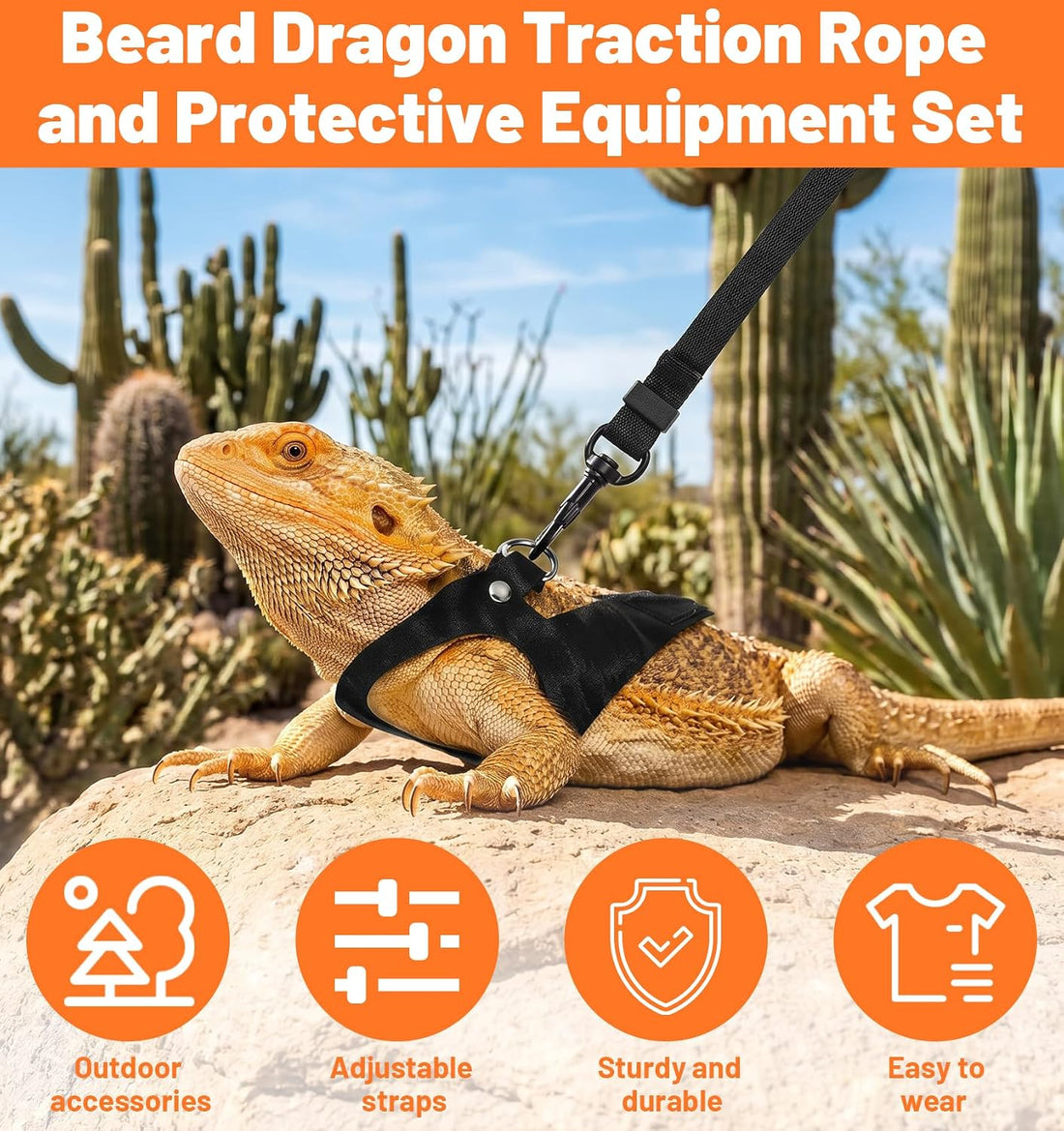 3 Pcs Bearded Dragon Leash Set, Black Bearded Dragon Harness Set