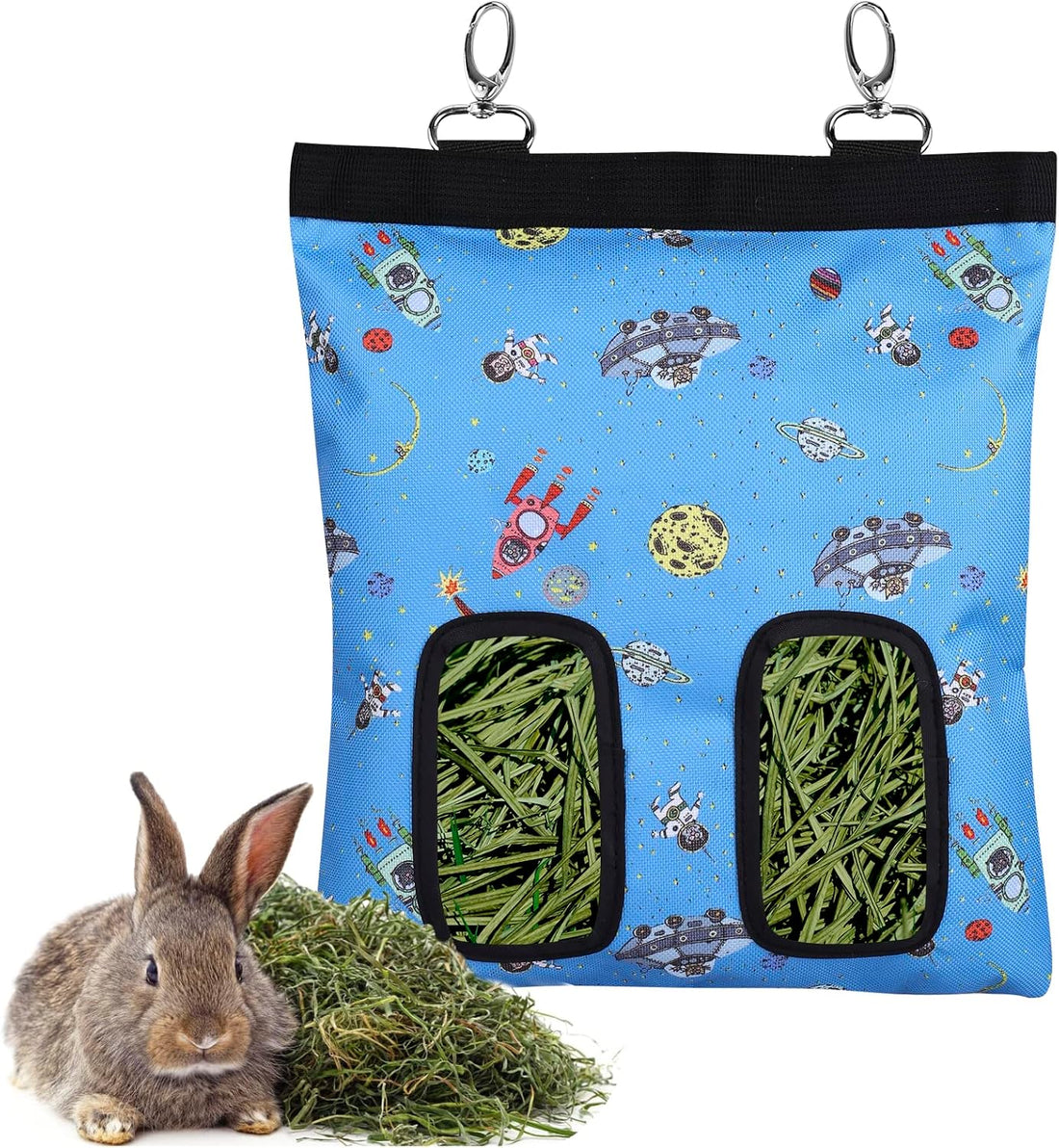 Rabbit Hay Feeder Bag Hanging Hay Rack (Black, 2 Windows)