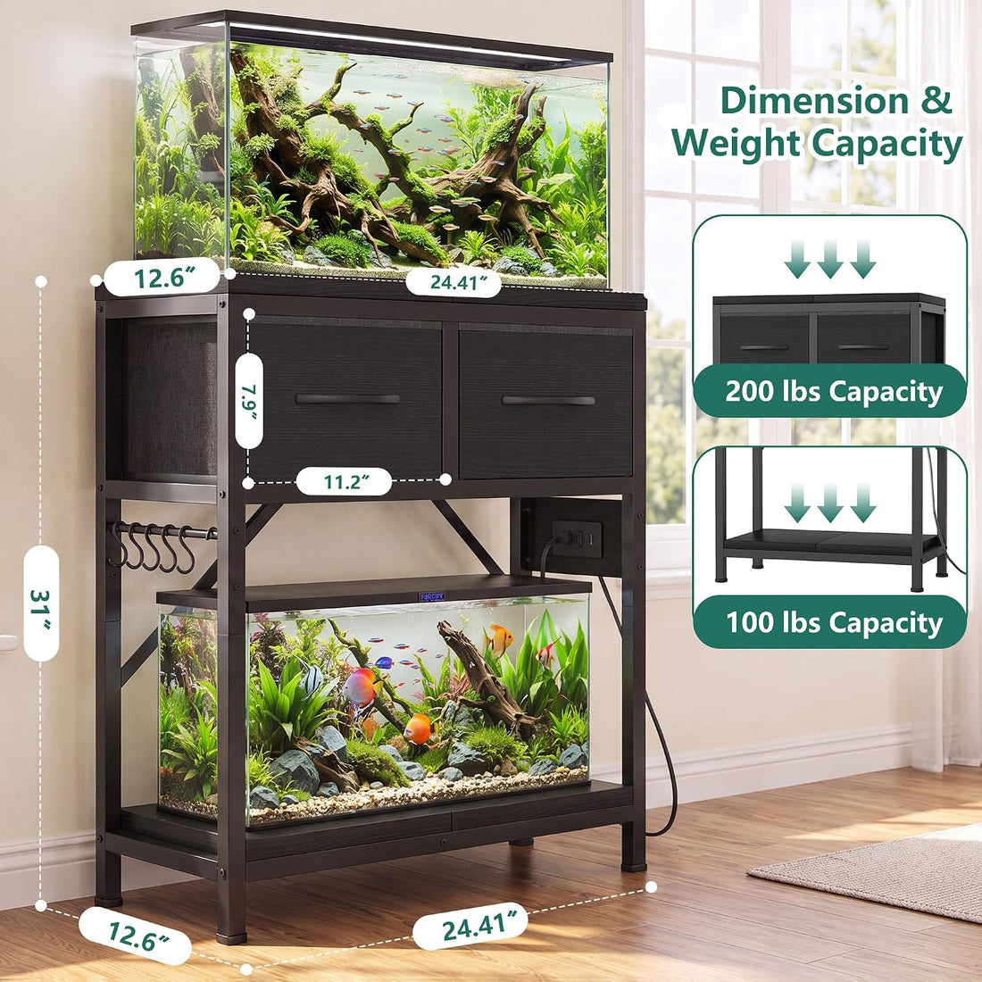 Heybly 10-20 Gallon Fish Tank Stand with Power Outlets & Storage