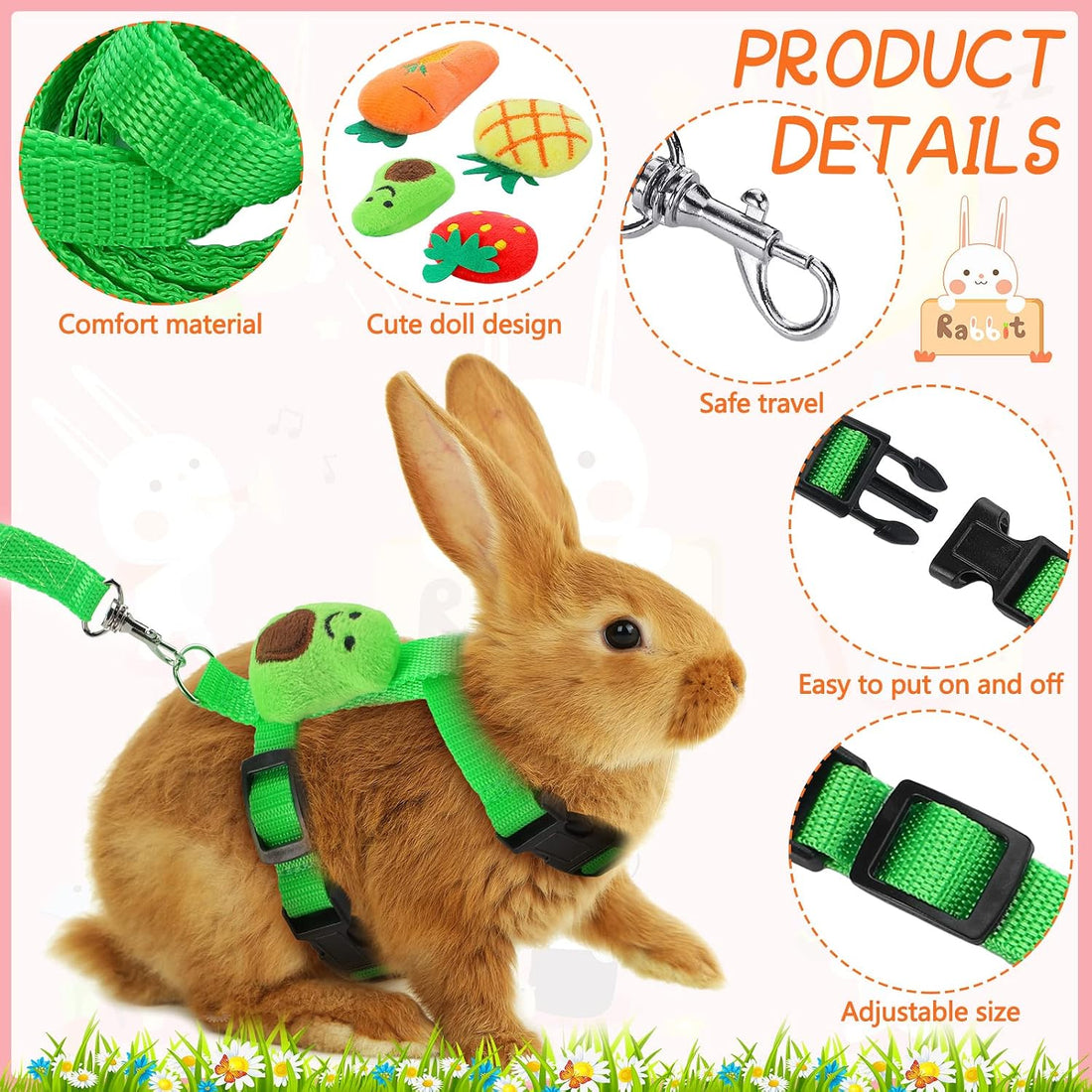 Tondiamo 4 Pcs Adjustable Bunny Harness and Leash Set for Small