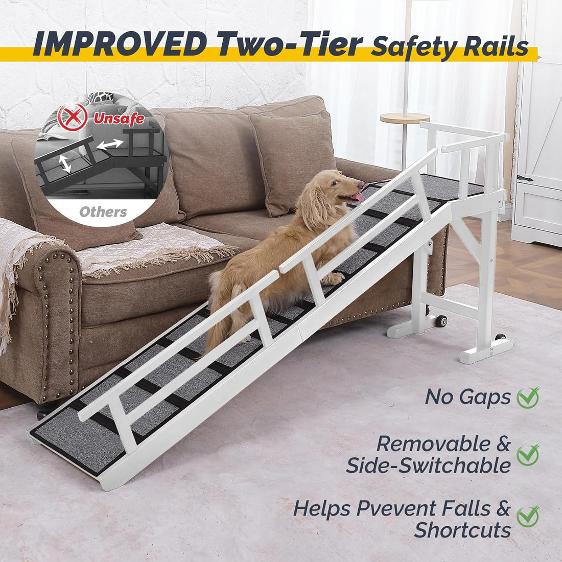 Dog Ramp for Bed or Couch, Wooden Pet Ramp with 20° Gentle Slope