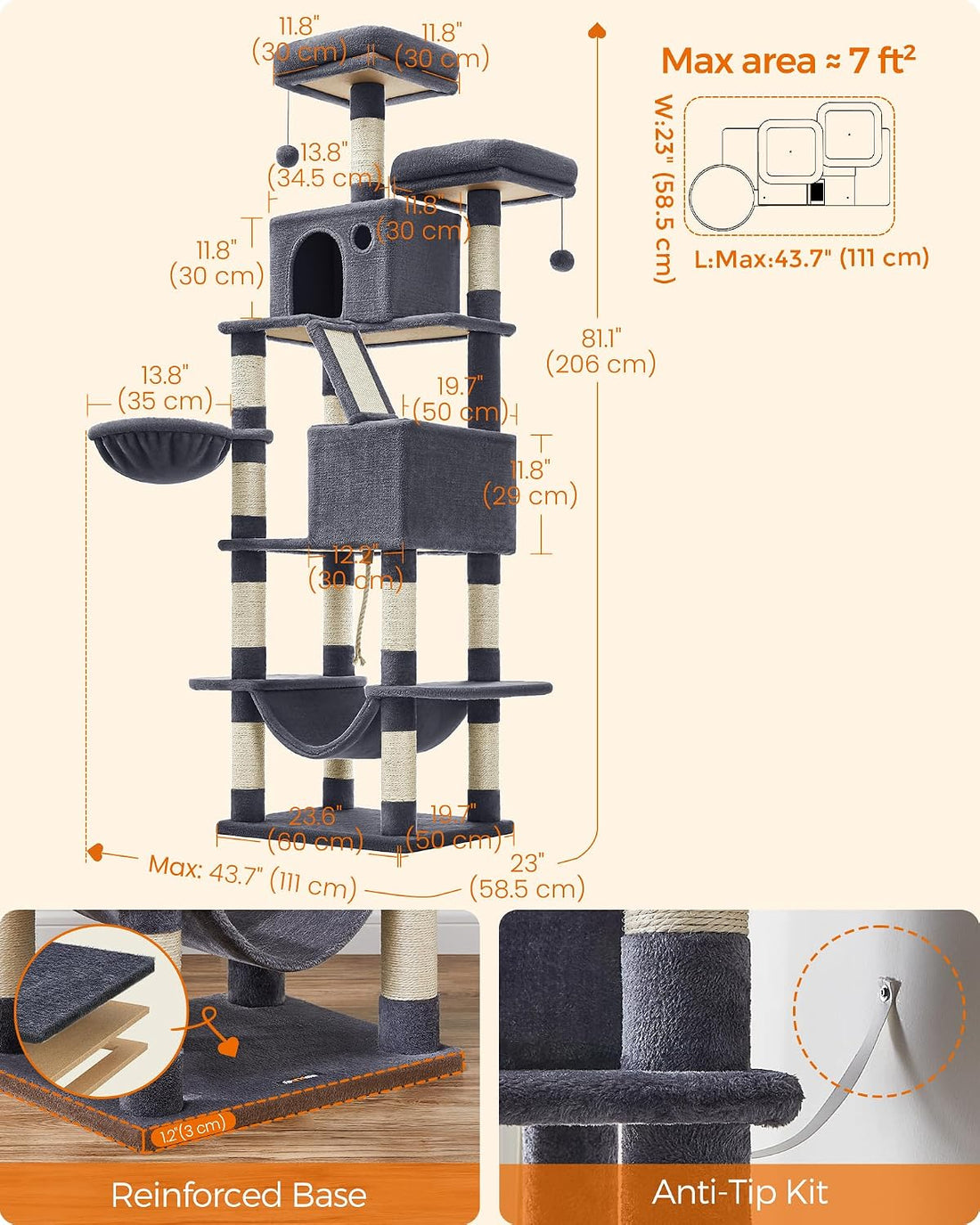 Feandrea Cat Tree, 81.1-Inch Large Cat Tower, Multi-Level Condo