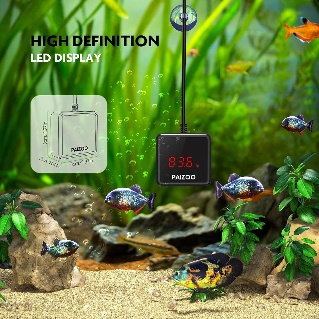 PAIZOO LED Waterproof Aquarium Thermometer Always-on Display with USB
