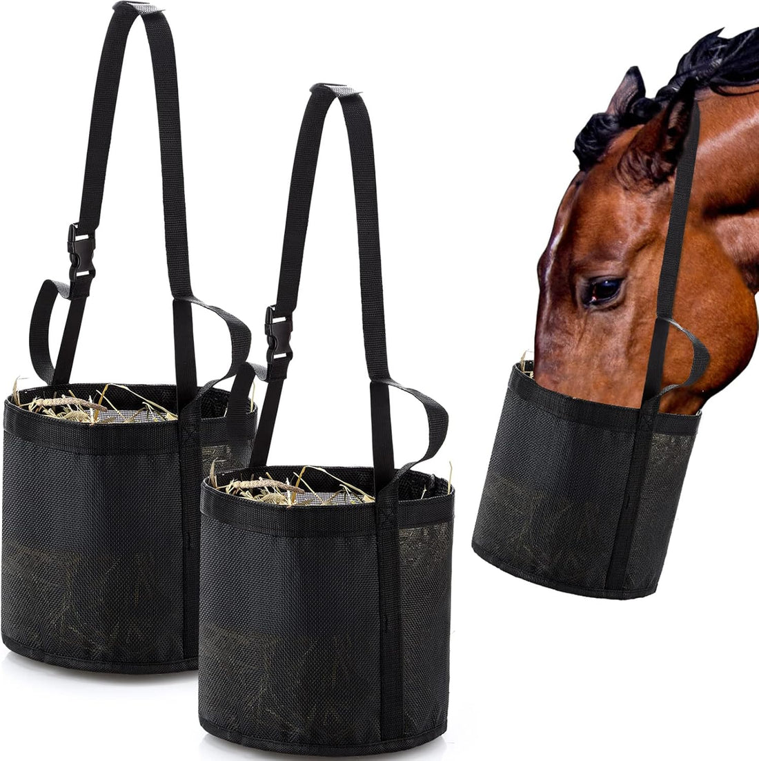 2 Pcs Horse Feed Bag, Heavy Duty Mesh Feeder with Adjustable Strap