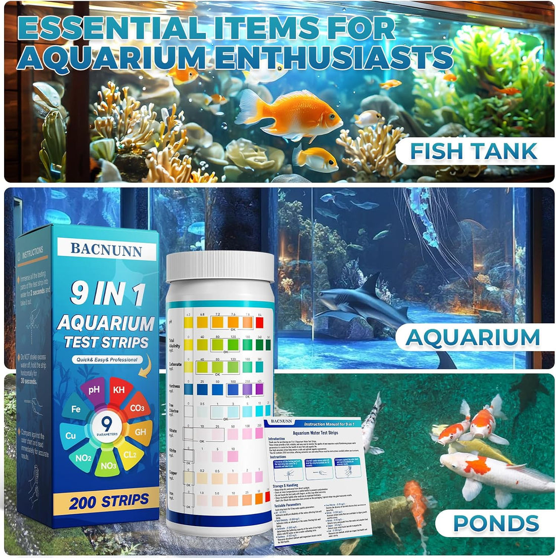 BACNUNN Aquarium Test Strips: 200CT 9 in 1 Fish Tank Water Testing Kit