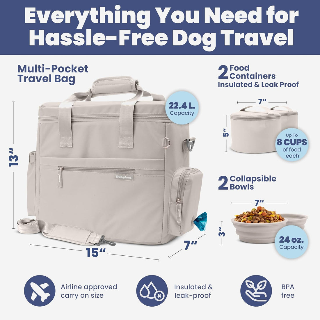 Dog Travel Bag (Beige) & Dog Mom Water Bottle (Cream) Bundle