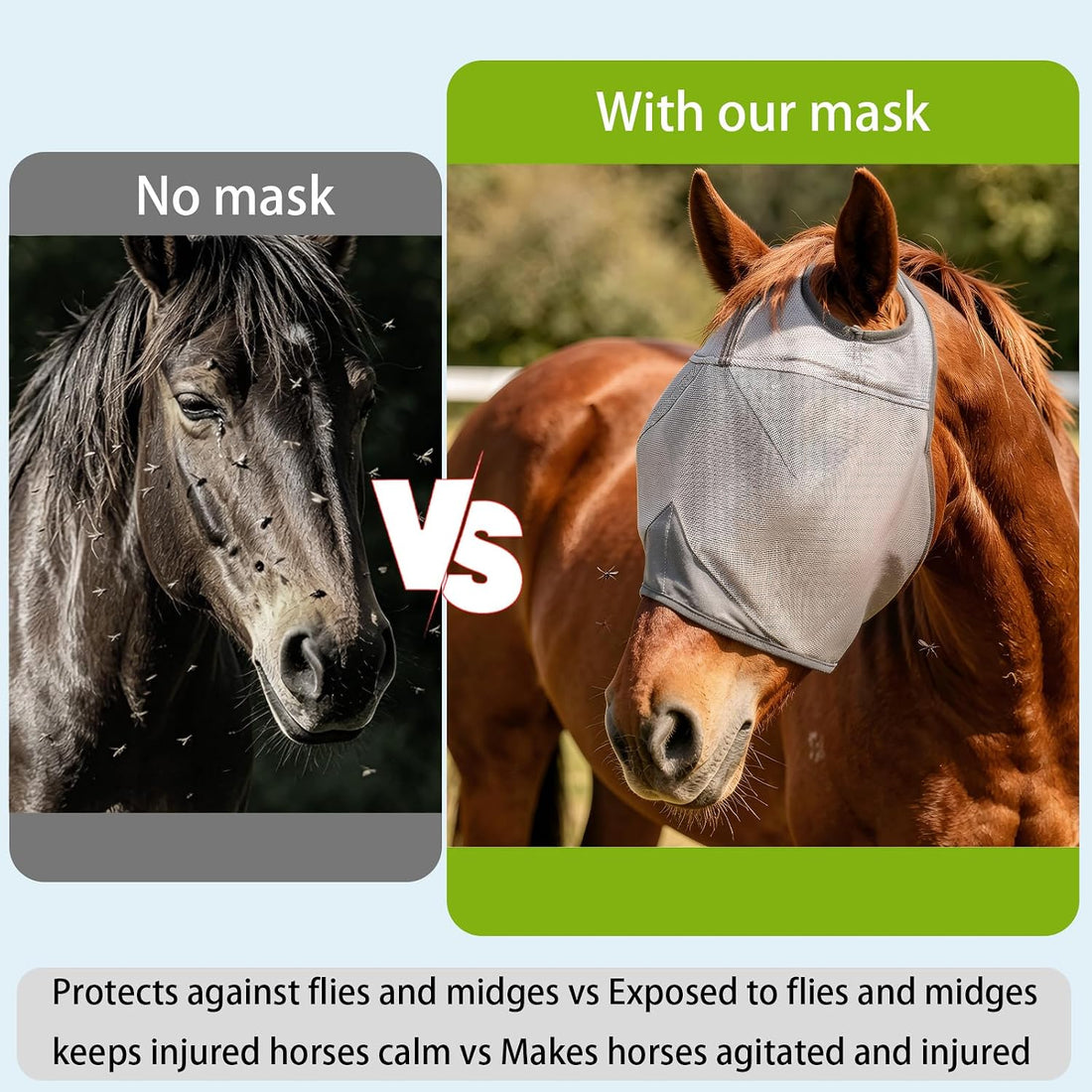 Raelitego Horse Fly Mask Without Ears, Breathable Mesh UV Protection