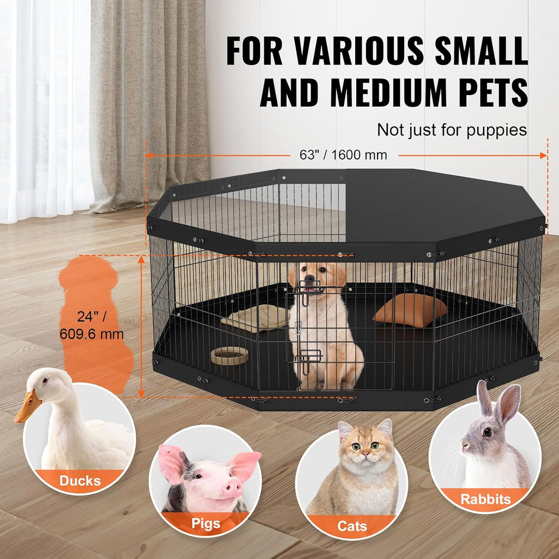VEVOR 24" Dog Playpen, 8-Panel Foldable Metal Pet Pen with Top Cover