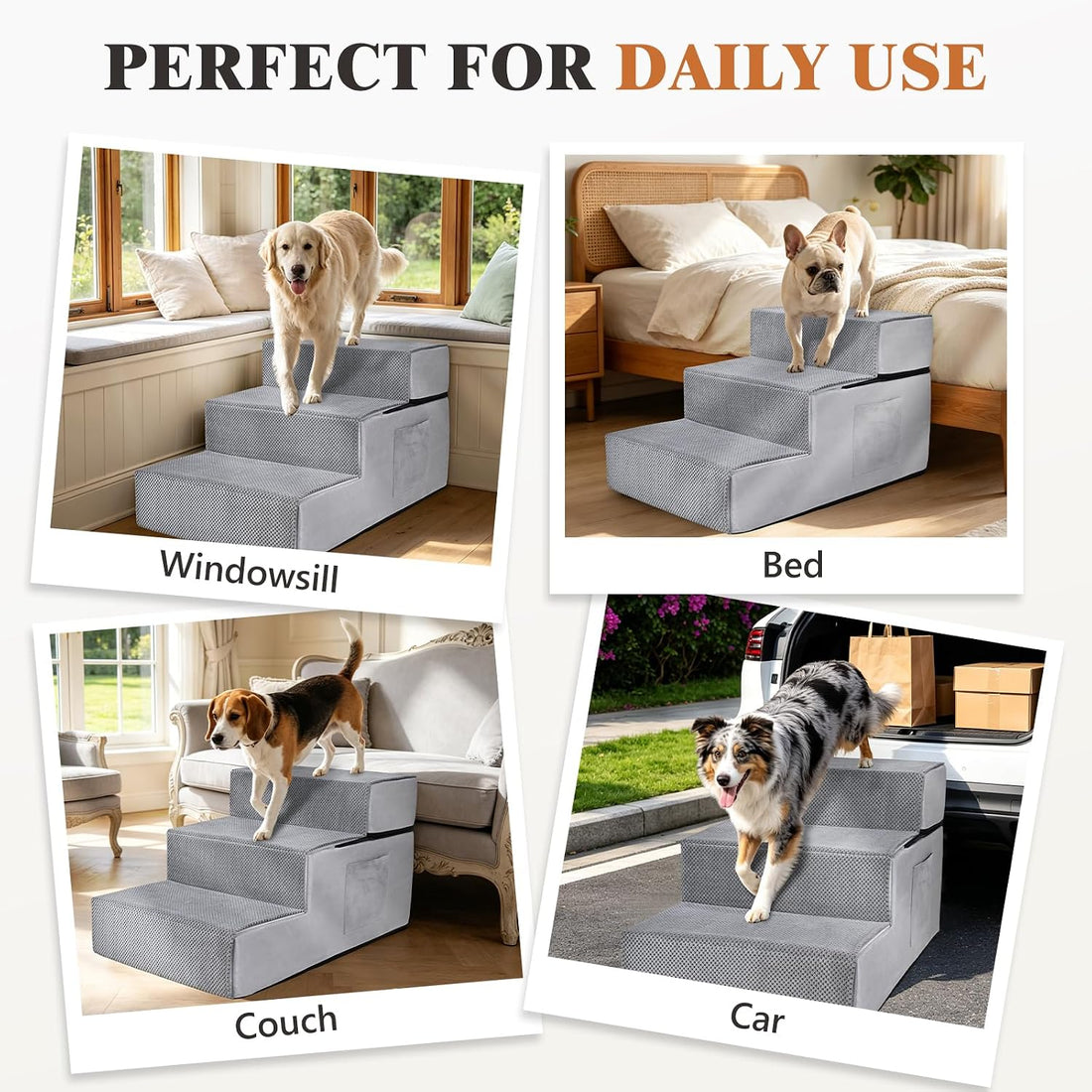 Dog Stairs for High Bed, Dual Reinforced Support Pet Steps for Large