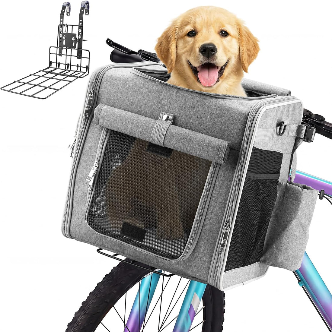 Expandable Dog Bike Basket with Secure Mounting Bracket