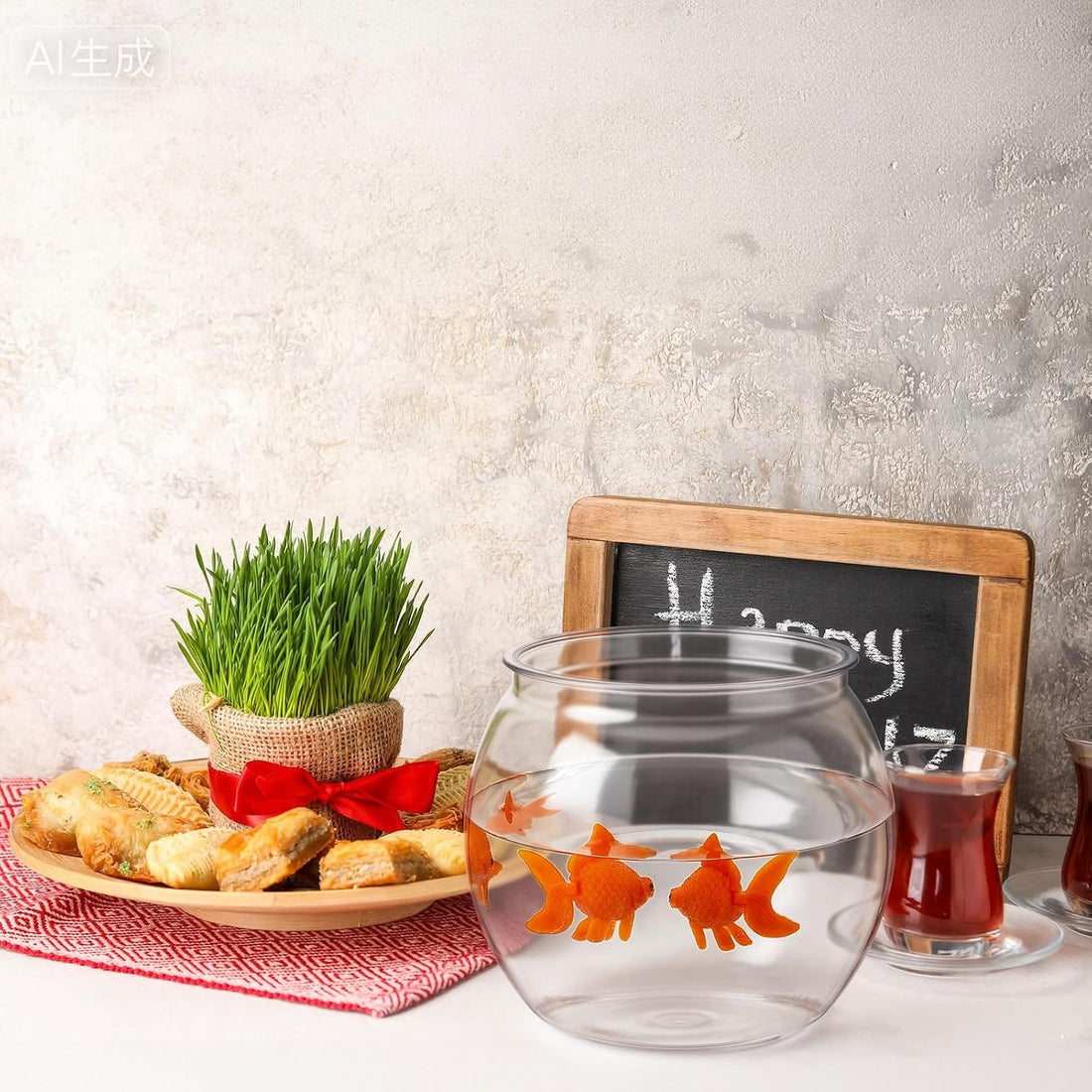 Bokon 4 pcs Include 16 oz Plastic Oval Fish Bowl with 3 Fake Goldfish