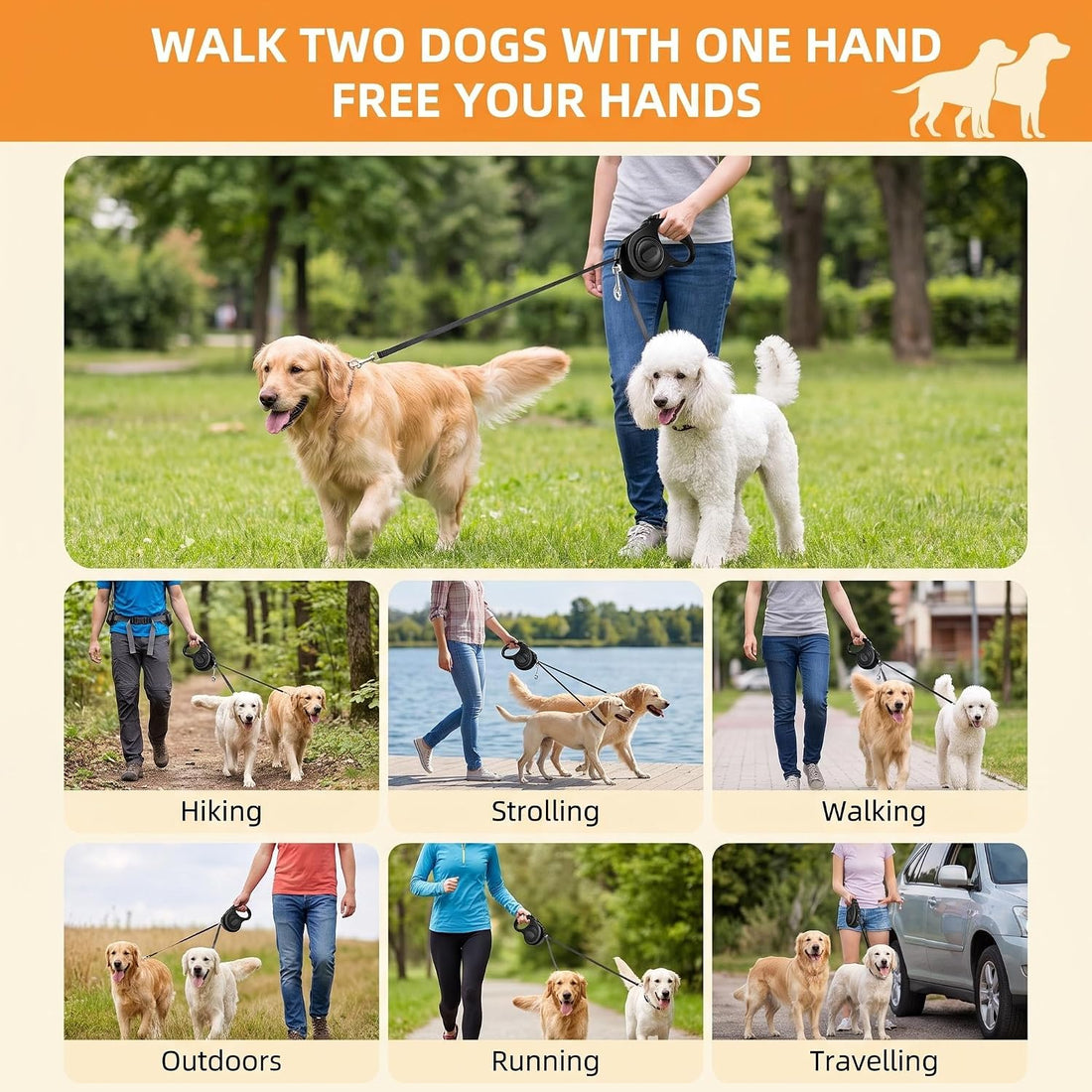 9.8 FT Dual Retractable Dog Leash for 2 Small Breeds Up to 44lbs Each