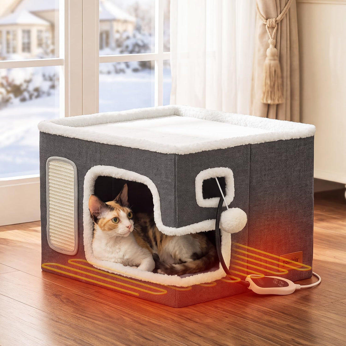 ZOMISIA Heated Cat House Bed for Indoor Cats