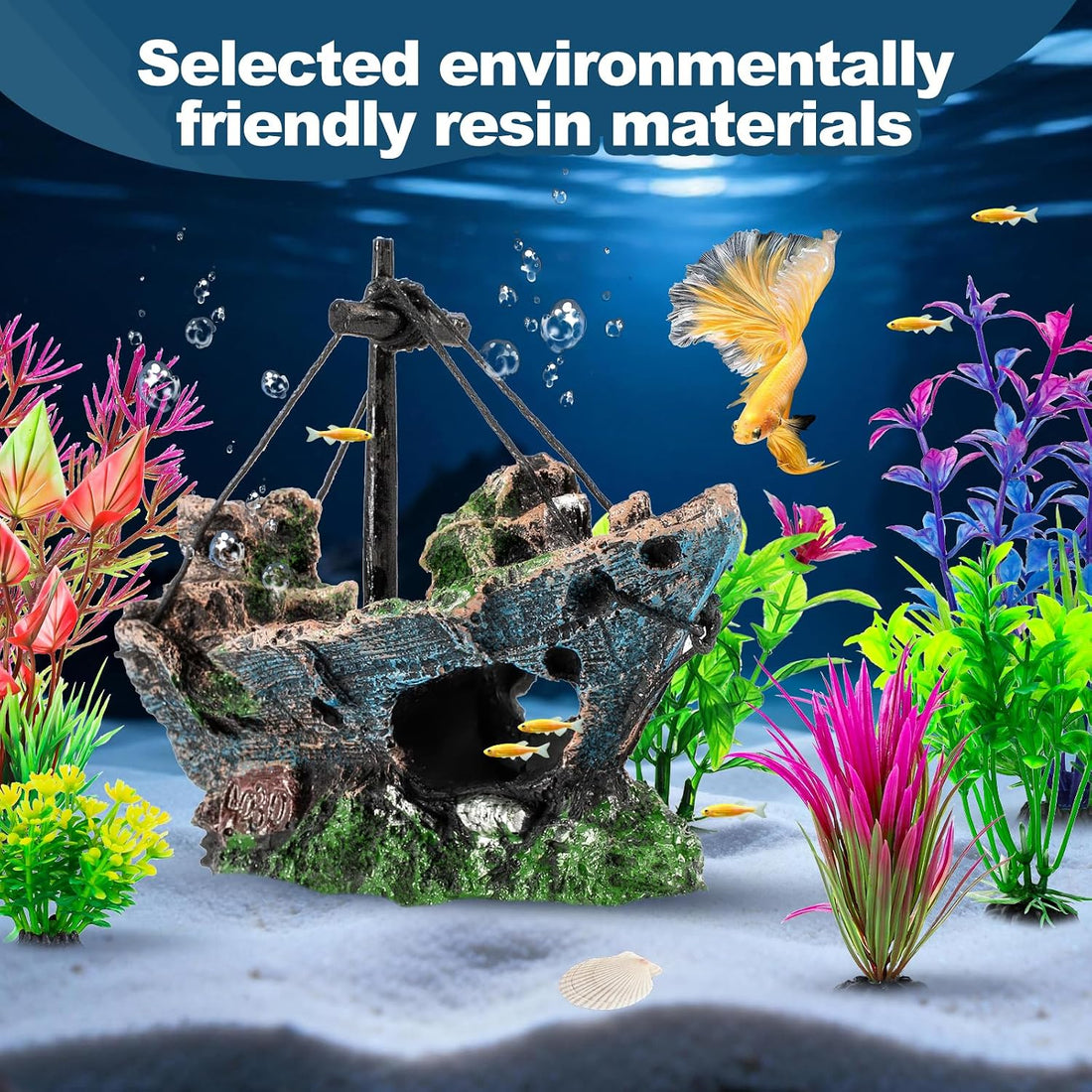 8Pcs Fish Tank Decorations Set Sunken Ship Decoration,Resin Material