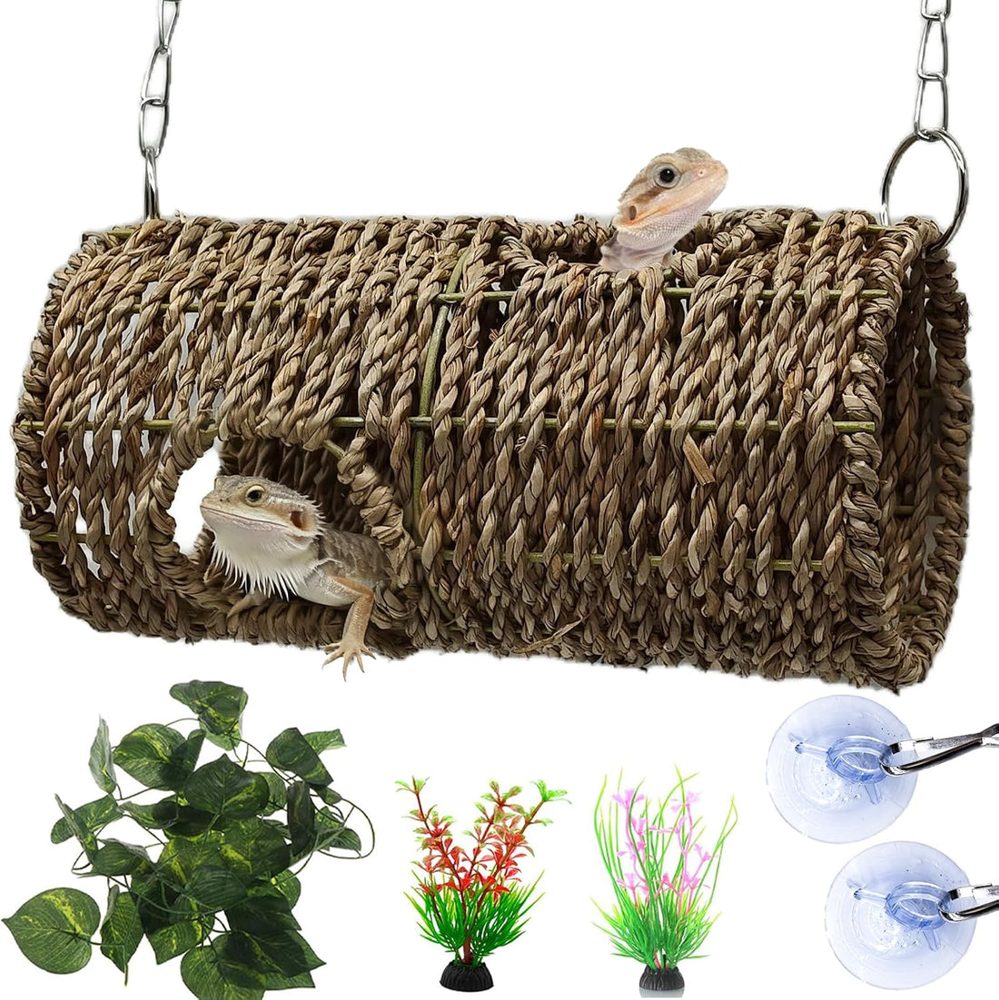 Hanging Reptile Hide Cave,Natural Seagrass Bearded Dragon Hammock