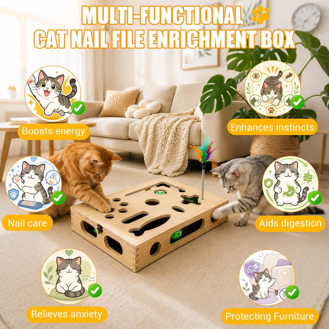 Large Cat Nail File Box, Sturdy Wood Cat Scratch Puzzle Enrichment Box