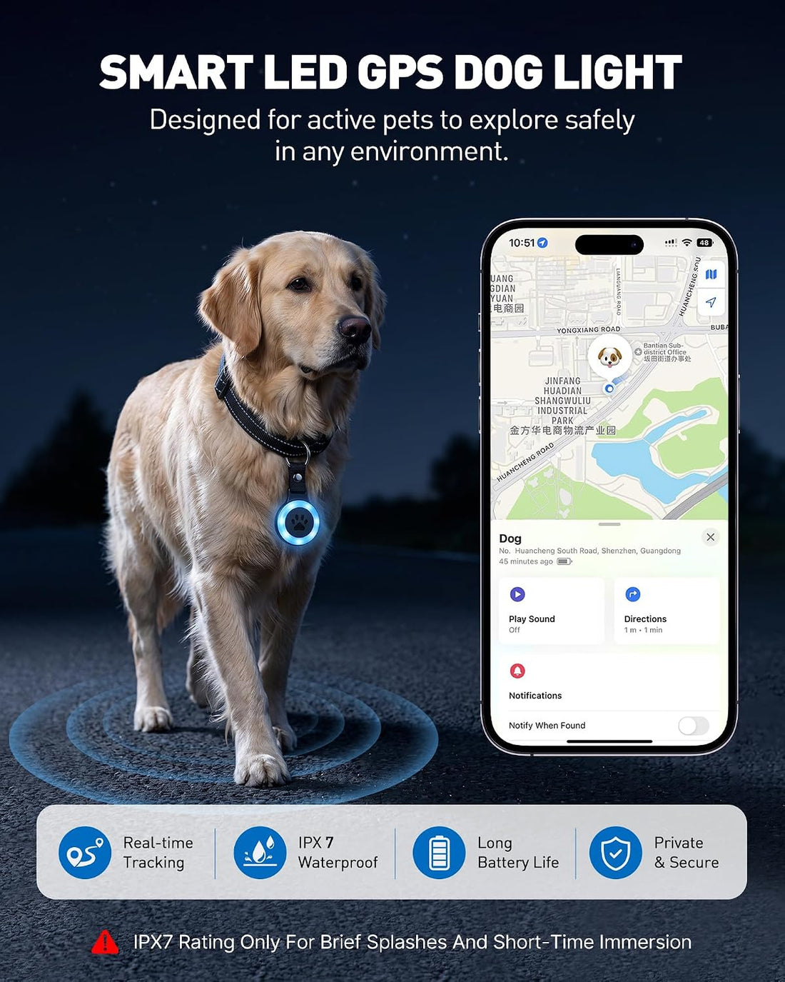 Pet Tracker for Dogs Cats, Location & LED Night Light Tag