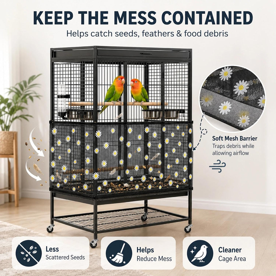 Large Bird Cage Seed Catcher Adjustable Nylon Mesh Bird Cage Net Cover