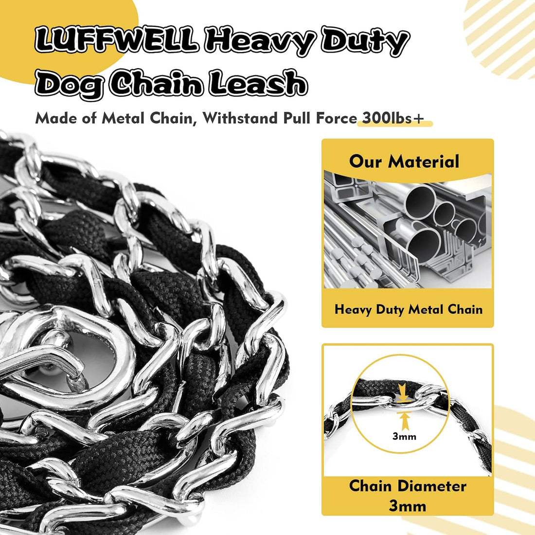 Metal Chain Dog Leash Chew Proof for Dogs, Black, 3.0mm, 4FT