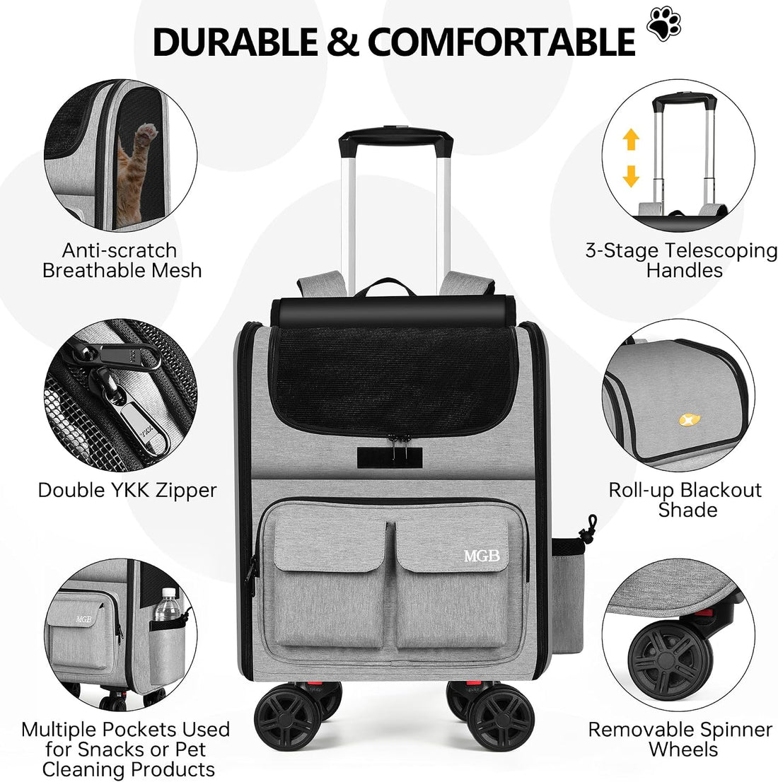 MGB Pet Carrier with Wheels, Rolling Cat Carrier Gray