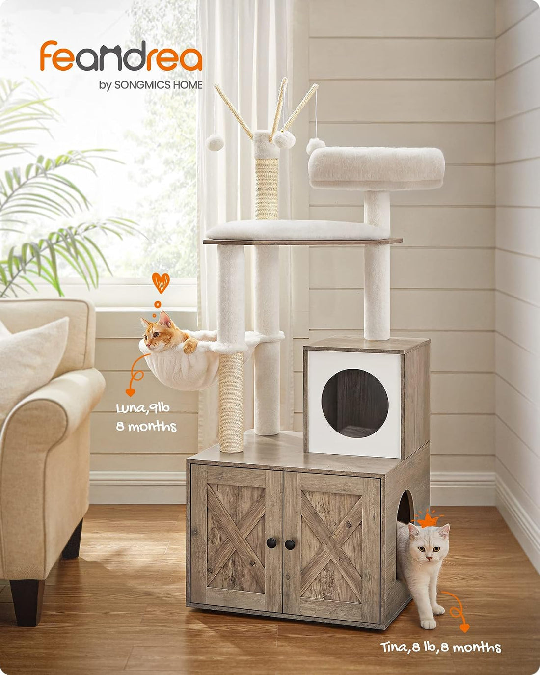 Feandrea Cat Tree with Litter Box Enclosure, 59-Inch, 2-in-1 Condo