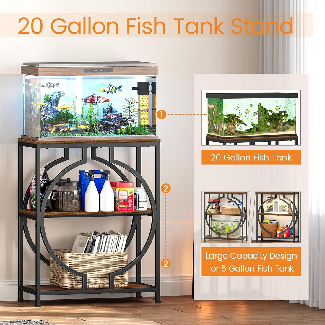 Snughome 20 Gallon Fish Tank Stand, Aquarium Stand with 3 Tier Storage