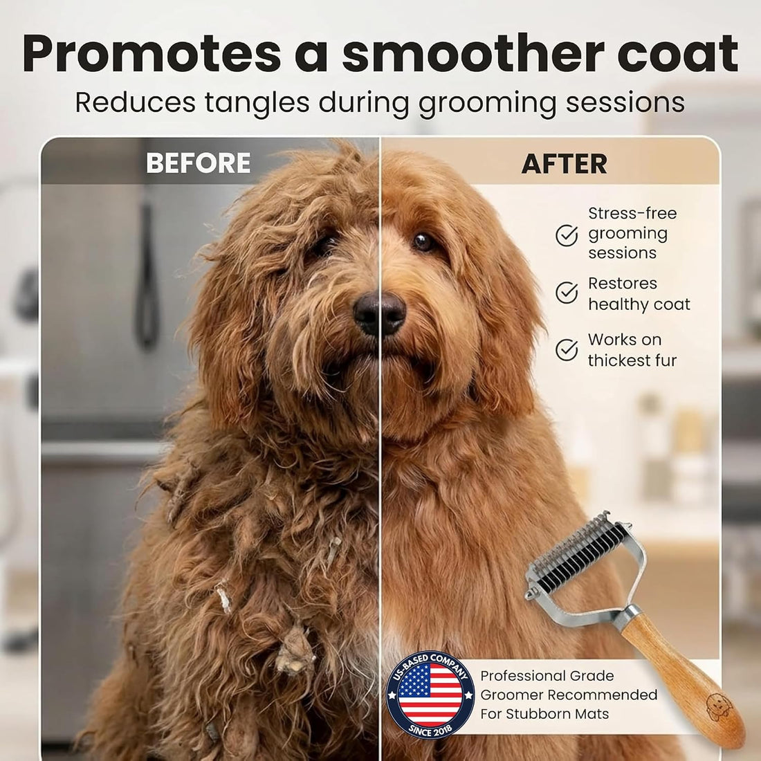 Pet Dematting Comb for Dogs and Cats with Wood Handle
