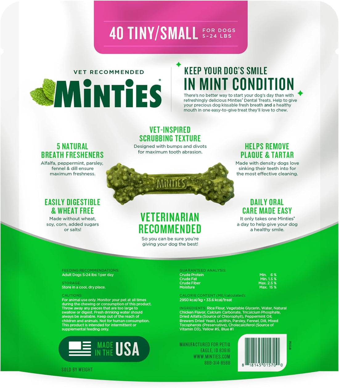 Minties Dog Dental Bone Treats, Tiny/Small 5-25 lbs, 40 Ct