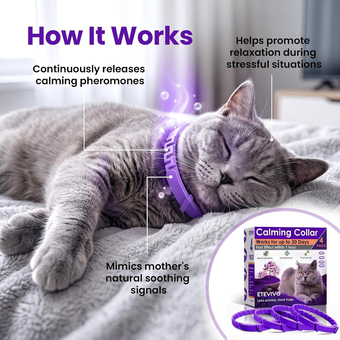 Cat Calming Collar, 4 Pack – 30 Day Pheromone Calming Collars for Cats