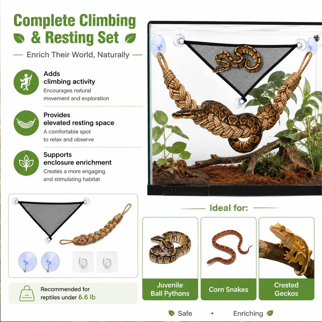 Snake Enclosure Accessories, Climbing Rope & PVC Hammock Set