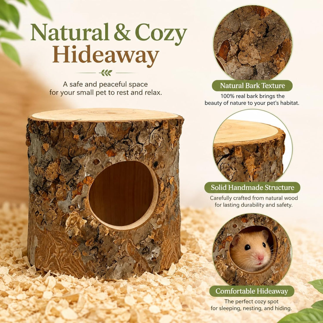 Hamster Hideout House for Small Animals, Wooden Habitat Shelter