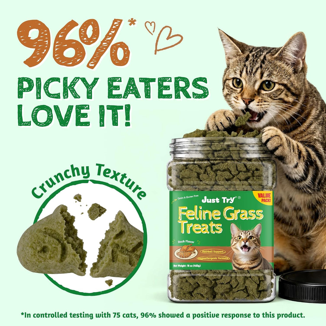 Just Try 16 oz Feline Grass Treats Chicken Flavor Hairball Treats