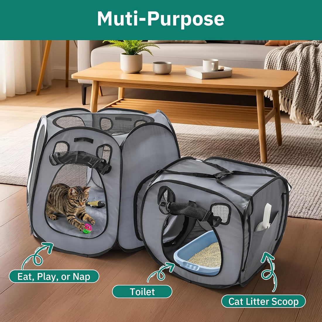 Snuvid Cat Playpen with Separate Litter Box Area