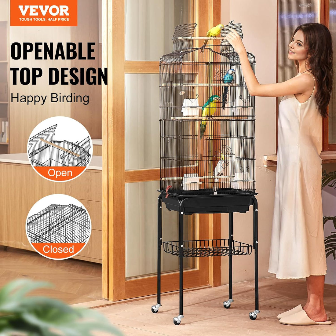 VEVOR 64-inch Open Top Large Parrot Bird Cage with Detachable Rolling