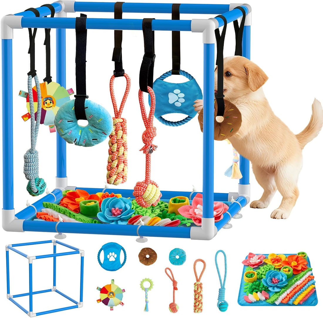 Puppy Play Gym & 8 Toys (Blue,19.6″ x 19.6″ x 19.6″‌) with Snuffle Mat