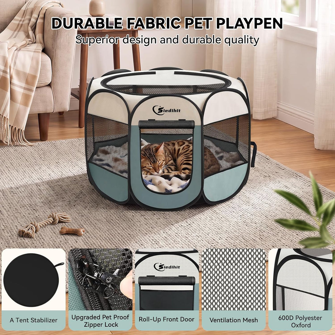 Sieidihit Dog Cat Playpen Tent Crate Cage with Blanket, Small Grey
