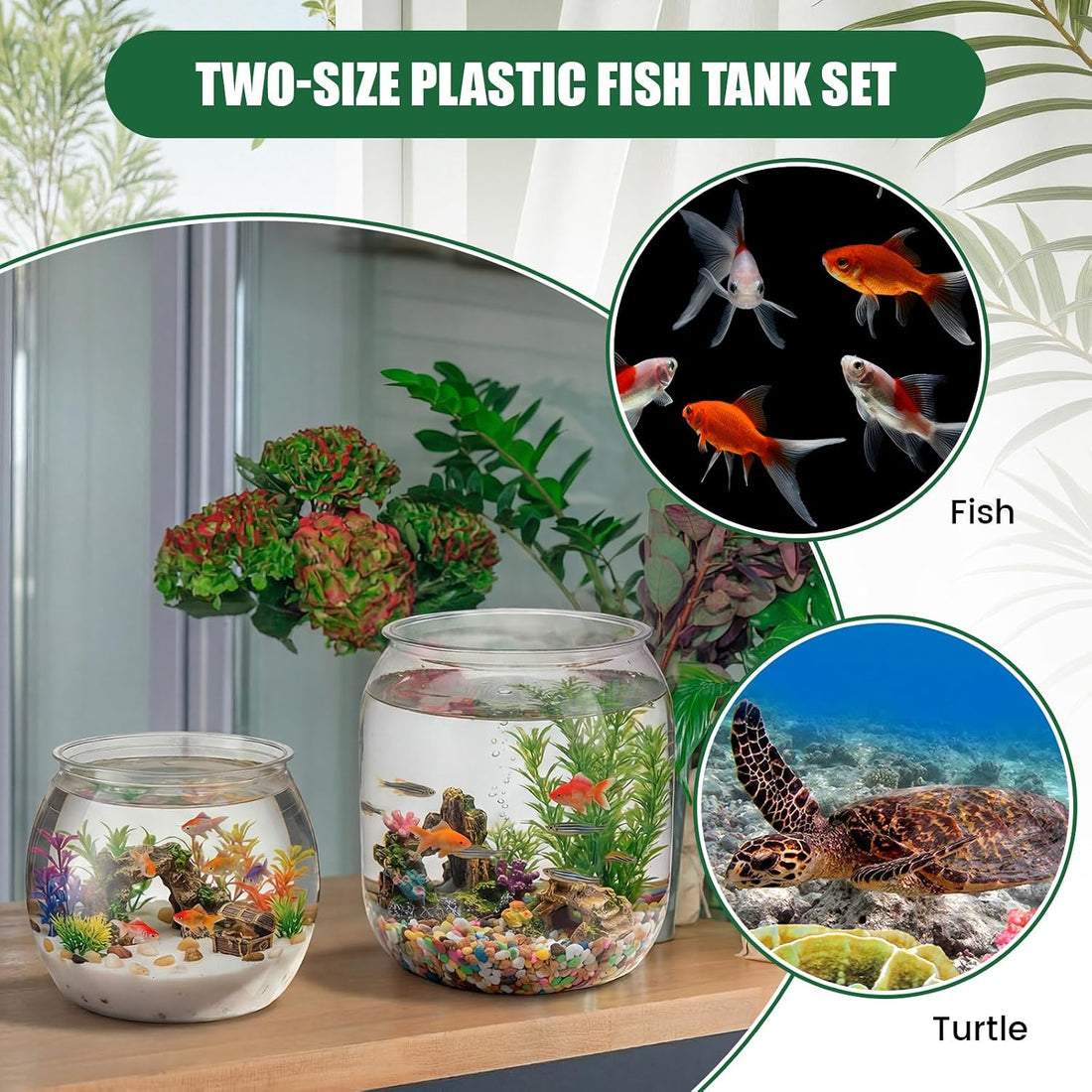 2 Pcs 4 Gallon & 1 Gallon Plastic Fish Bowl Large Round Clear Betta