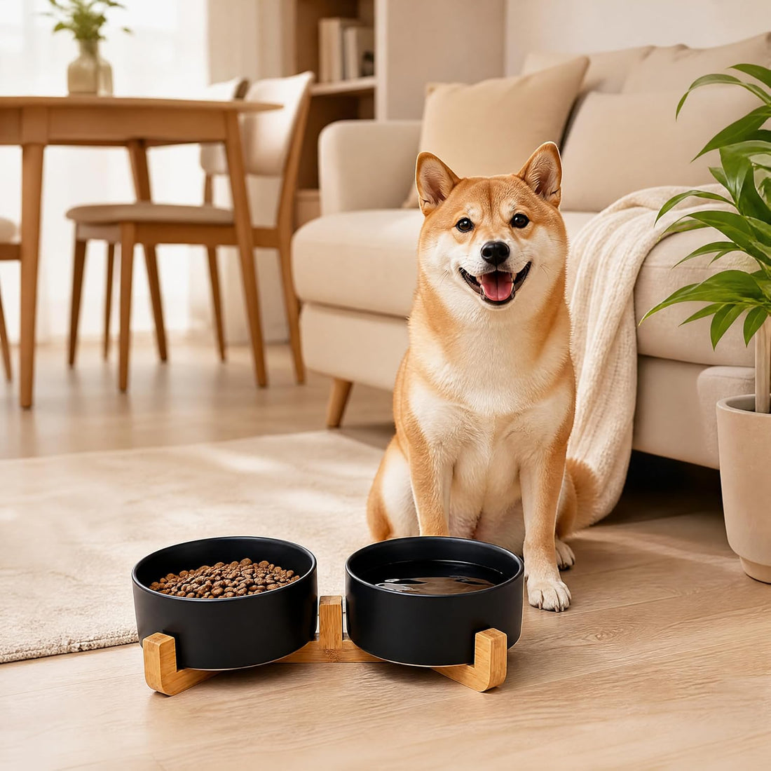 Petygooing Ceramic Dog Cat Bowls Set with Stand,Black Pet Food